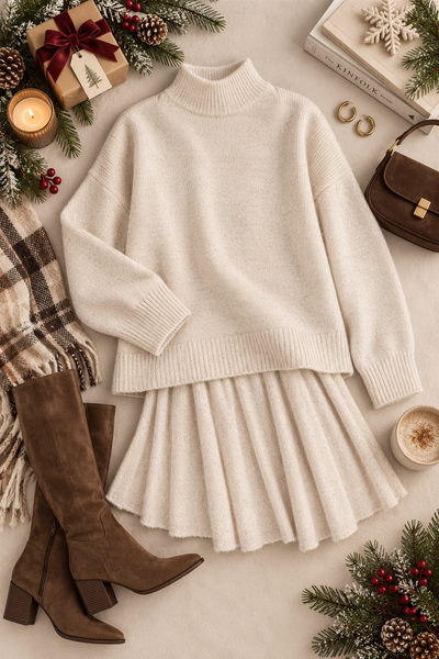 Mock Neck Sweater And Pleated Skirt Set (Ecru)