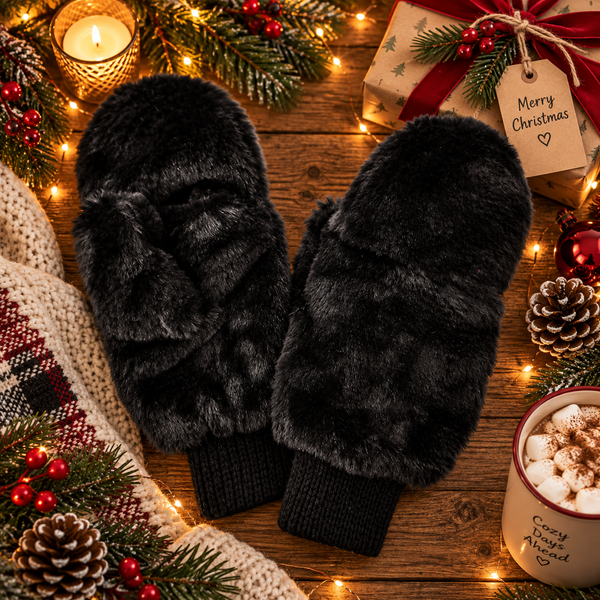 Solid Faux Fur Open Up Mitten Gloves (Black)