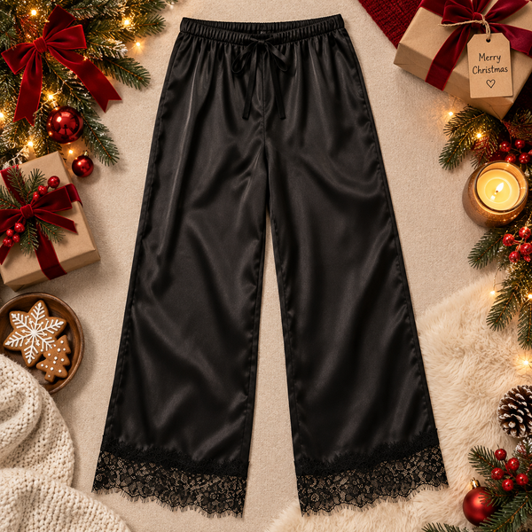 Lace Aplique Hem Satin Pants (Black)