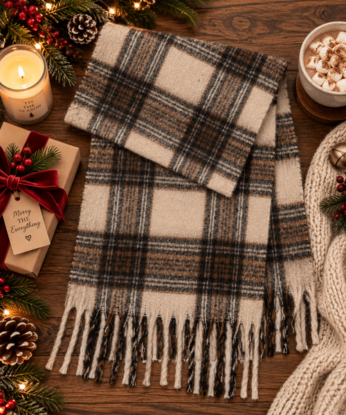 Trendy Plaid Tassel Knit Scarf (Black/Brown)