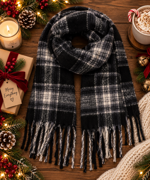 Trendy Plaid Tassel Knit Scarf (Black/Off White)