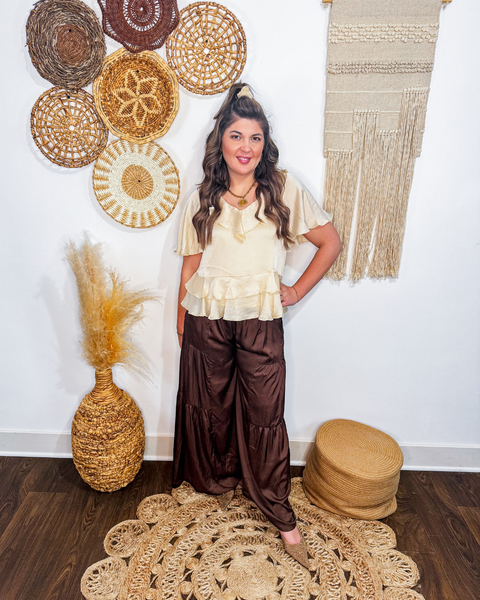 Cocoa Glow Side Ruffle Silky Pants (Dark Oak)