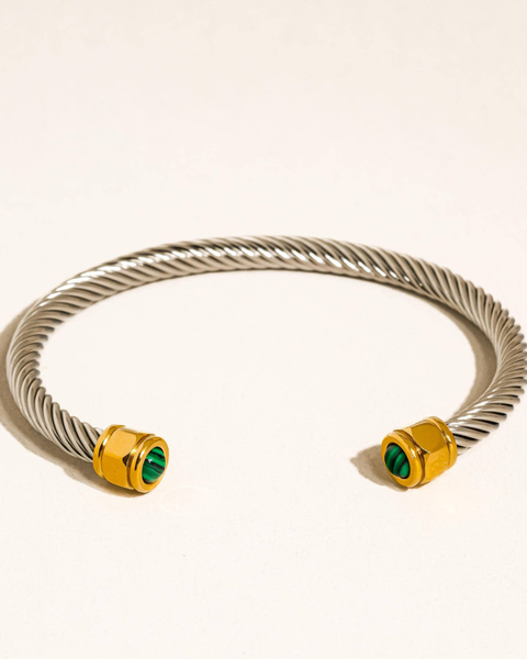 Vail 18K Gold Non-Tarnish Stone Braided Bangle: Green/Silver