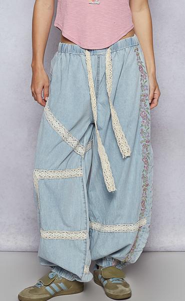 Denim Floral Embroidered Joggers