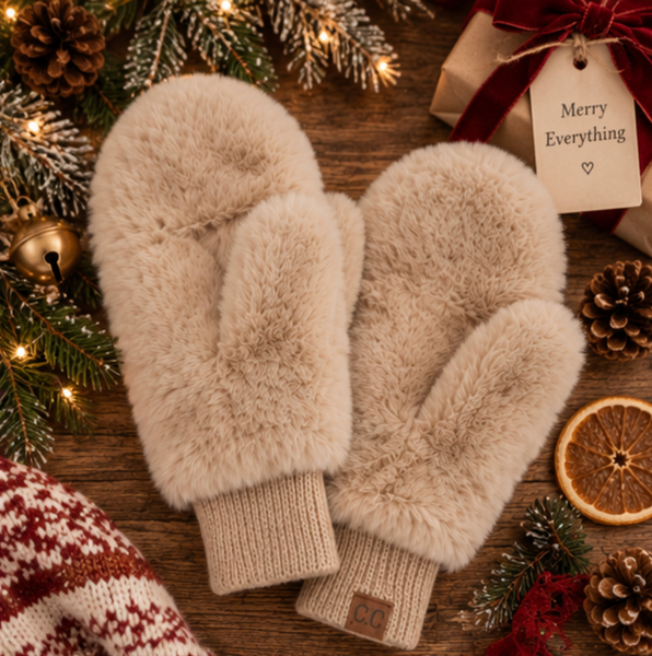 C.C GLITTER Short Fur Convertible Mittens (Camel)
