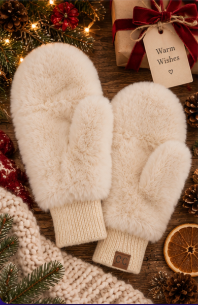 C.C GLITTER Short Fur Convertible Mittens (Beige)