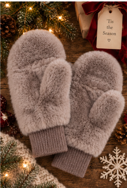 Solid Faux Fur Open Up Mittens (Taupe)
