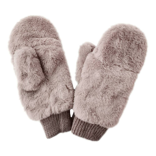Solid Faux Fur Open Up Mittens (Taupe)