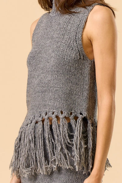 Moonlit Fringe Sleeveless Mock Neck Sweater Top