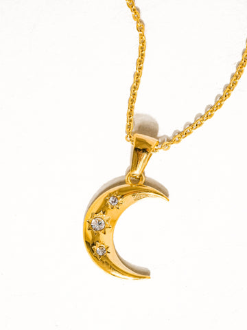 Atlas 18K Gold Non-Tarnish Half Moon CZ Necklace: Yellow Gold