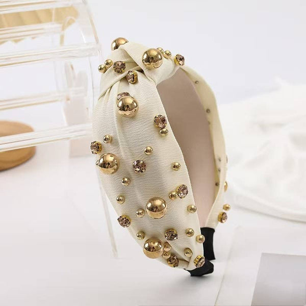 Multi Gold Ball  Rhinestone Knot Headband | OFF WHITE