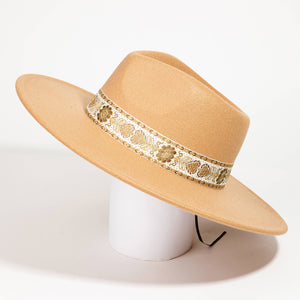 Embroidered Strap Wide Brim (Tan)