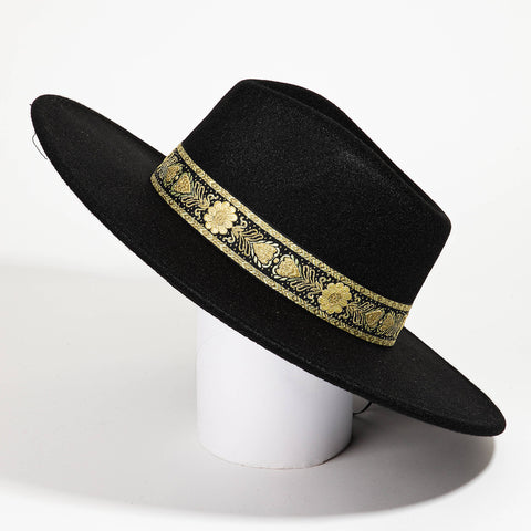 Embroidered Strap Wide Brim (Black)