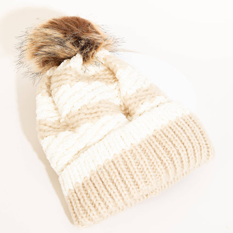 Striped Crochet Knit Pom Beanie (Ivory)